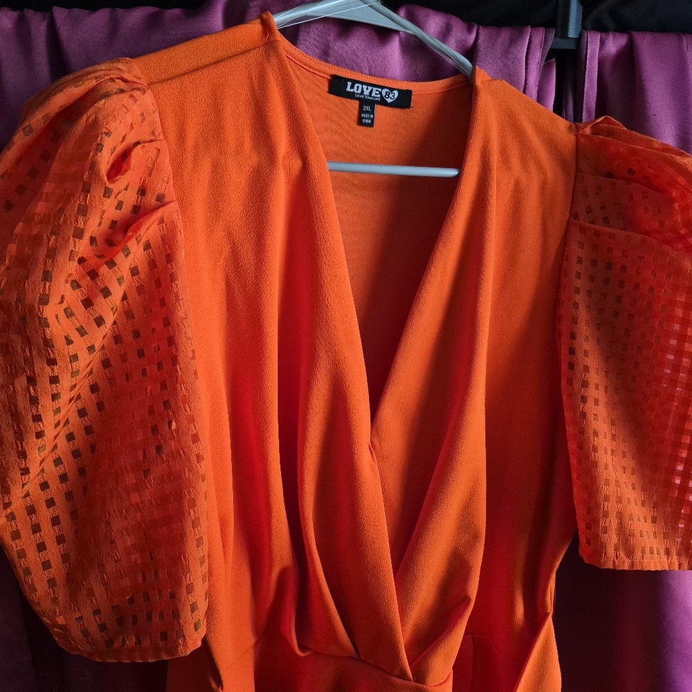Women's Orange Top with Puff Sleeves And Plaid Orange And Blue Cuffed Pants